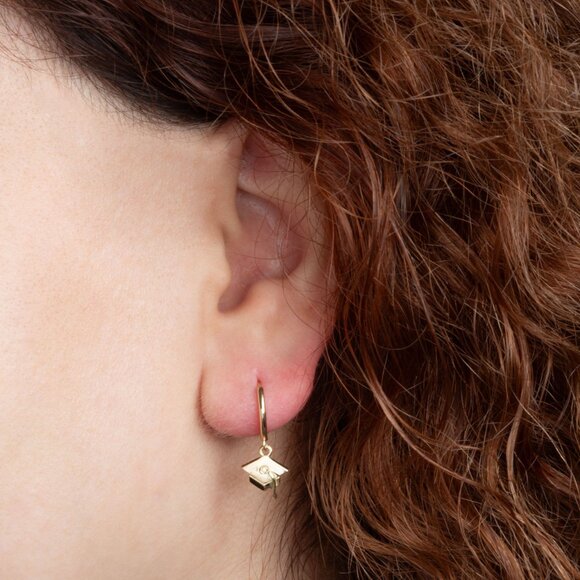 14K Solid Yellow Gold Graduation Cap Drop Huggie Hoop...